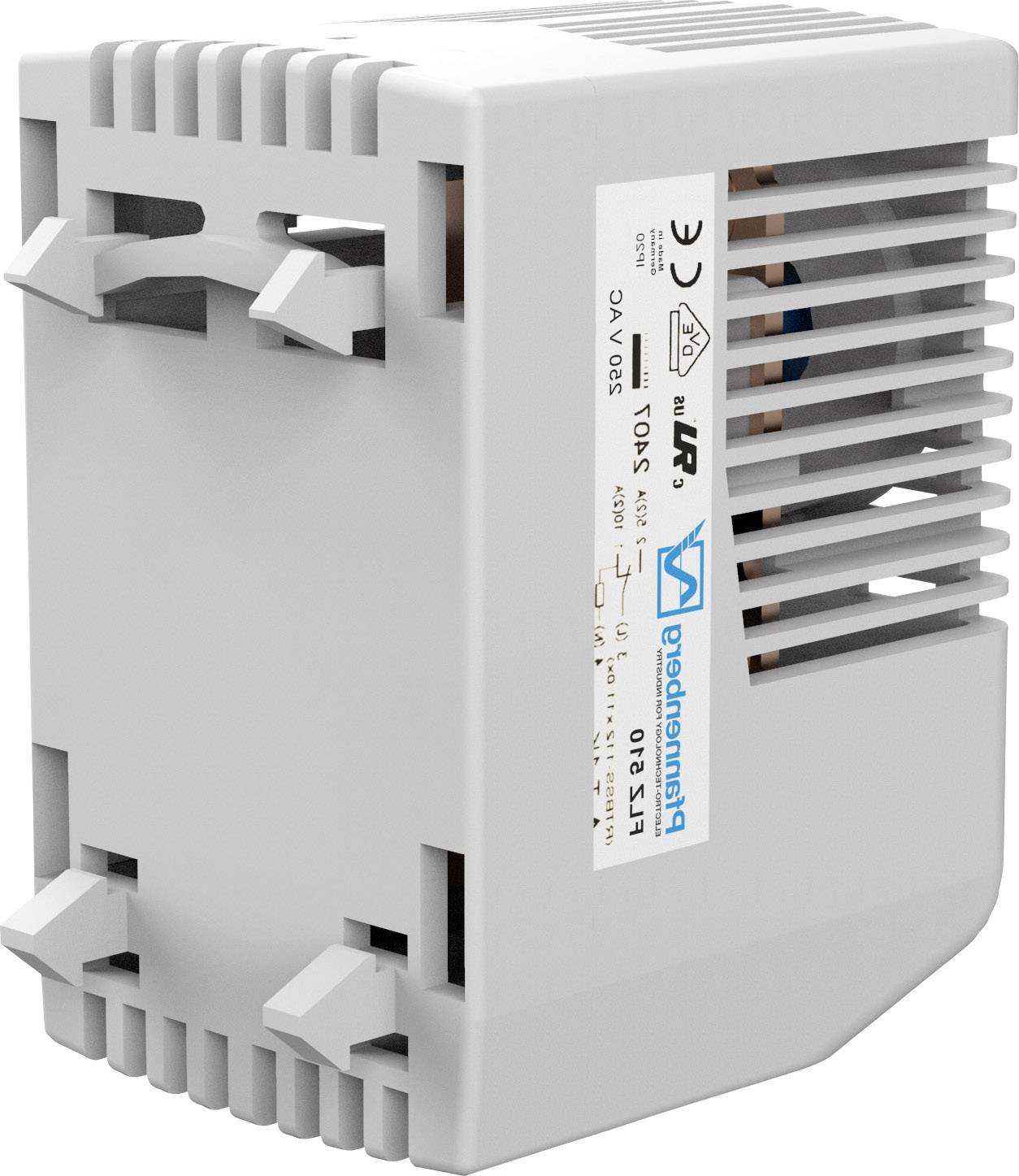 Grauer Steckeradapter mit Lüftungsschlitzen. Das Geräteetikett zeigt Modellnummer und elektrische Spezifikationen.