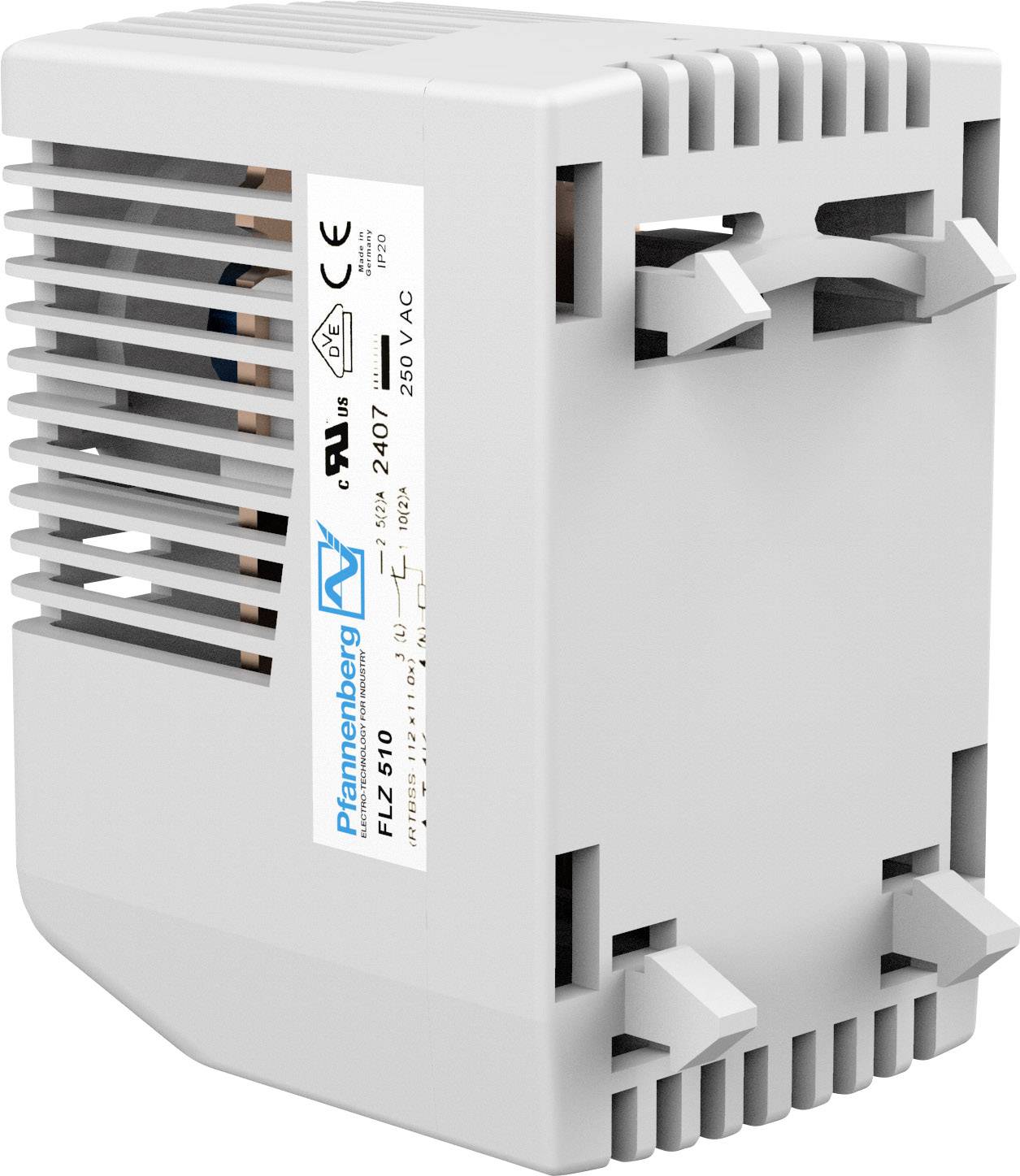 Ein grauer Schaltschrankheizer mit Lüftungsschlitzen und einem Aufkleber mit dem Logo der Firma Pfannenberg, Modell PLZ 610.