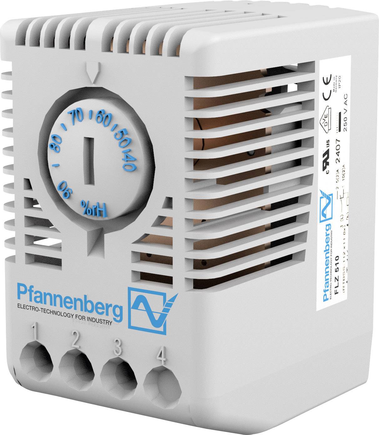 Ein grauer Pfannenberg-Heizkörper mit Temperaturanzeige von 0 bis 70 Grad Celsius, geeignet für elektrotechnische Anwendungen.