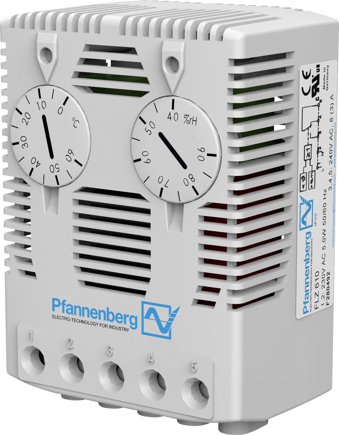 Ein weißes Industriegerät mit zwei Zifferblättern für Temperatur und Luftfeuchtigkeit, beschriftet mit 'Pfannenberg'.