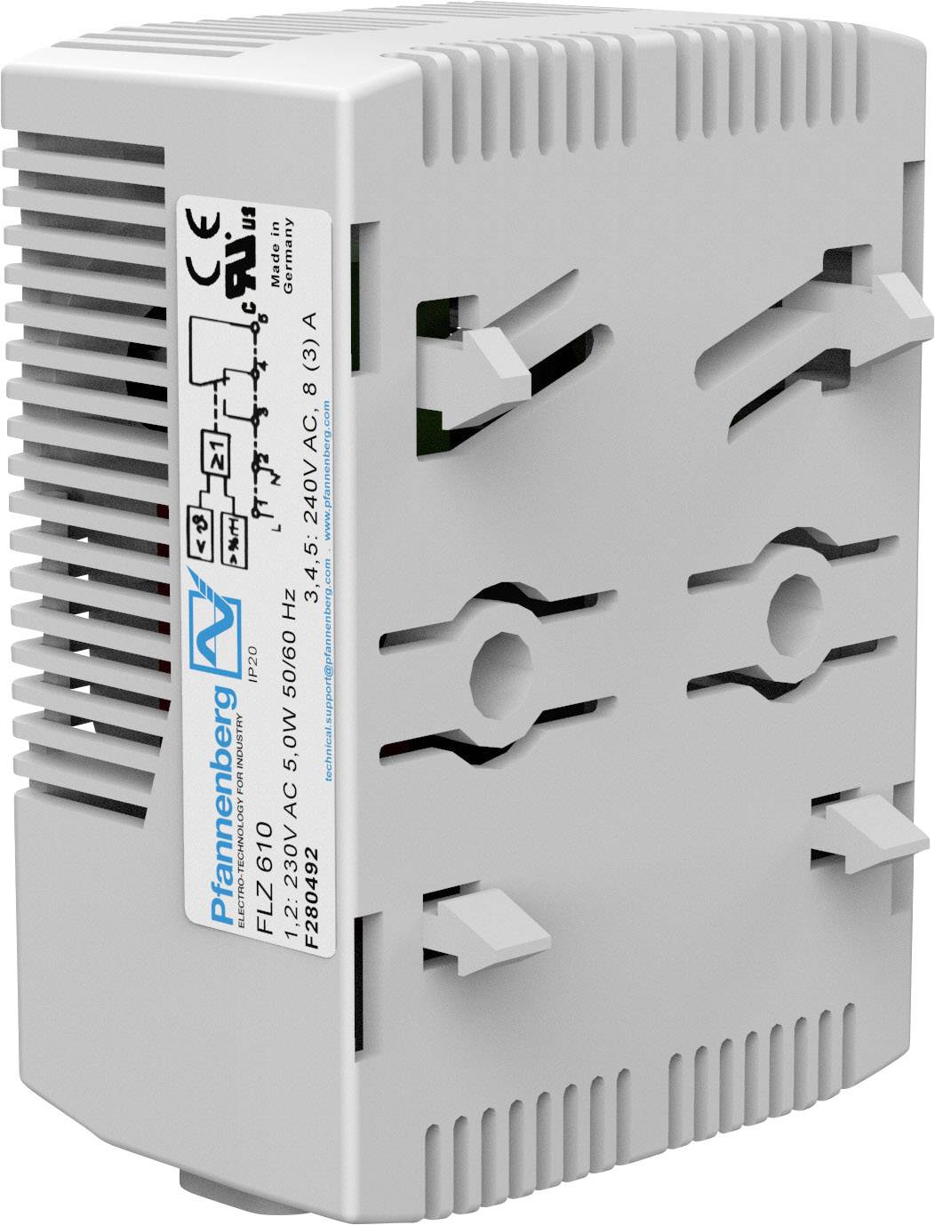 Graues elektronisches Gerät mit Lüftungsschlitzen. Etikett mit technischen Spezifikationen: 'Pfannenberg', 'FLZ 610', Spannung 230V, Strom 3A.