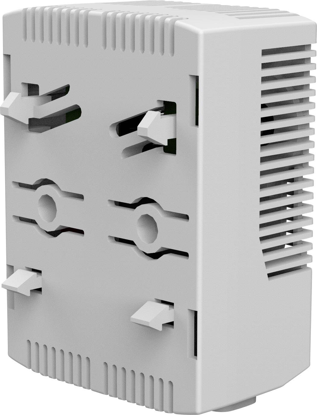 Ein graues, rechteckiges elektronisches Gerät mit Lüftungsschlitzen und Befestigungselementen auf der Rückseite.