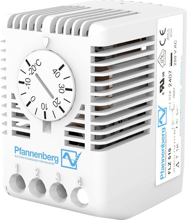 Weißer Temperaturregler für die Industrie mit Skala von -10°C bis 40°C und Logo der Marke 'Pfannenberg'.