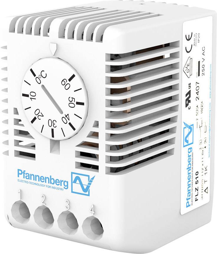 Thermostat-Gehäuse mit Drehregler, Temperaturanzeige in Grad Celsius. Aufkleber mit Herstellerlogo und technischen Spezifikationen.