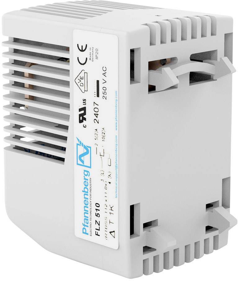 Kompakte Lüfter-Heizungseinheit mit Schrankeinbau, Modell 'Pfannenberg FLZ 510', bietet 250V AC und Sicherheitszertifizierungen.