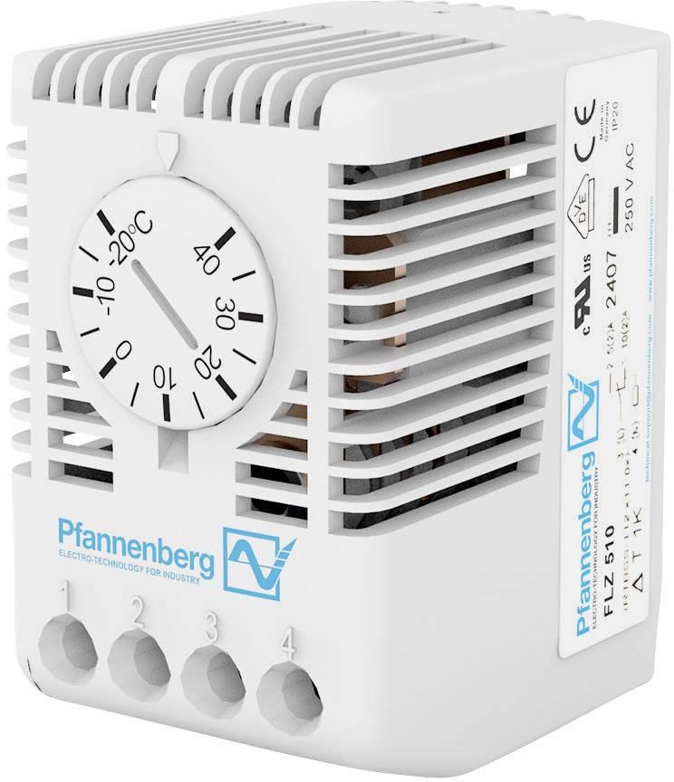 Weißer Thermostat mit Temperaturregler von -10°C bis 50°C, markiert mit 'Pfannenberg'; zeigt technische Spezifikationen seitlich.