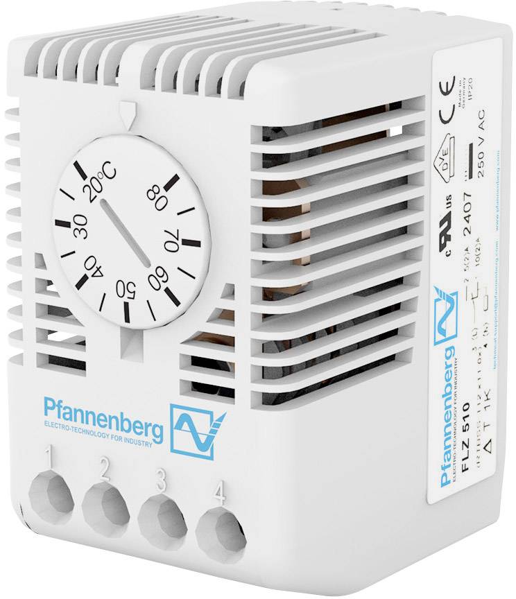 Ein weißer Thermostat der Marke Pfannenberg mit Temperaturanzeige von 0 bis 60 Grad Celsius. Geeignet für industrielle Anwendungen.