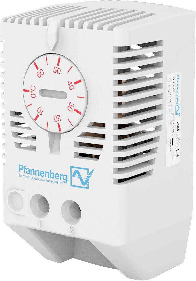 Ein Thermostat von Pfannenberg mit einem Drehregler, der Temperaturbereiche von 0 bis 60 Grad Celsius anzeigt. Gehäuse in Weiß.