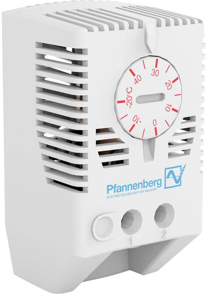 Ein weißer elektrischer Heizkörper von Pfannenberg mit Lüftungsschlitzen und einem roten Temperaturregler auf der Vorderseite.