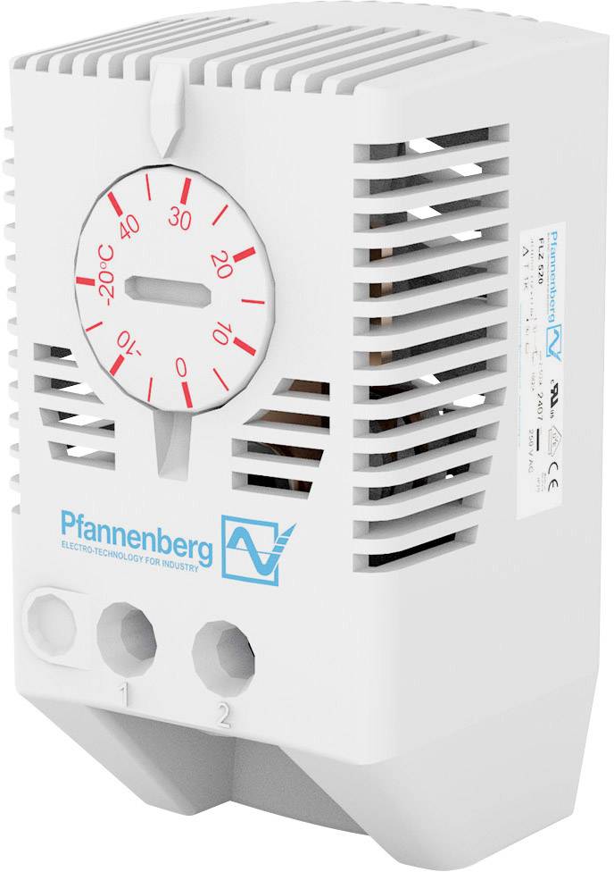 Kompaktes Thermostat von Pfannenberg mit weißem Gehäuse und rotem Temperaturwahlrad. Einstellbar von 0 bis 60°C.