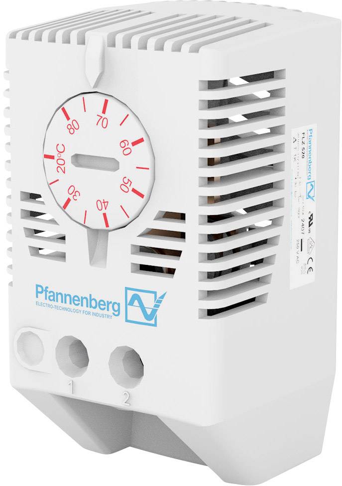Weißer Thermostat von Pfannenberg mit Drehregler, zeigt die Temperatur in Grad Celsius an; Industriegebrauch.