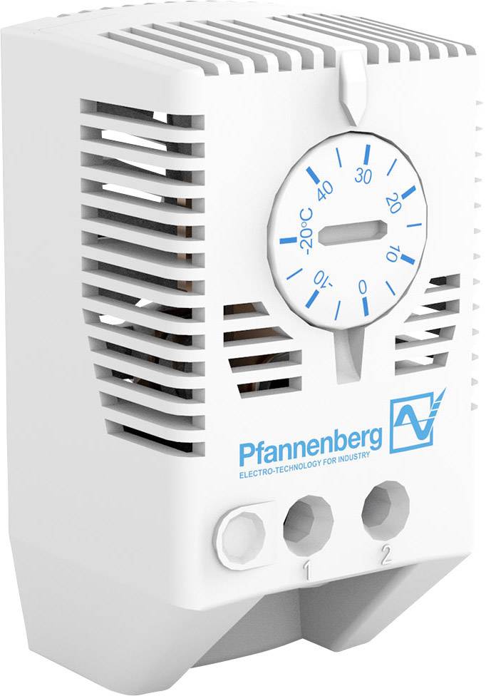 Ein weißer elektrischer Thermostat von Pfannenberg mit einem Einstellrad zur Temperaturregelung, markiert von 0 bis 60 Grad Celsius.