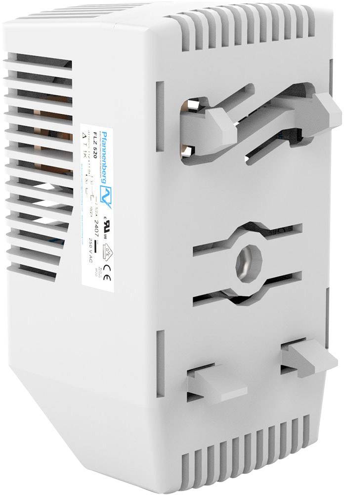 Weiße, rechteckige Kunststoff-Komponente mit Lüftungsschlitzen und Leitungen. An der Seite ist ein technisches Etikett sichtbar.