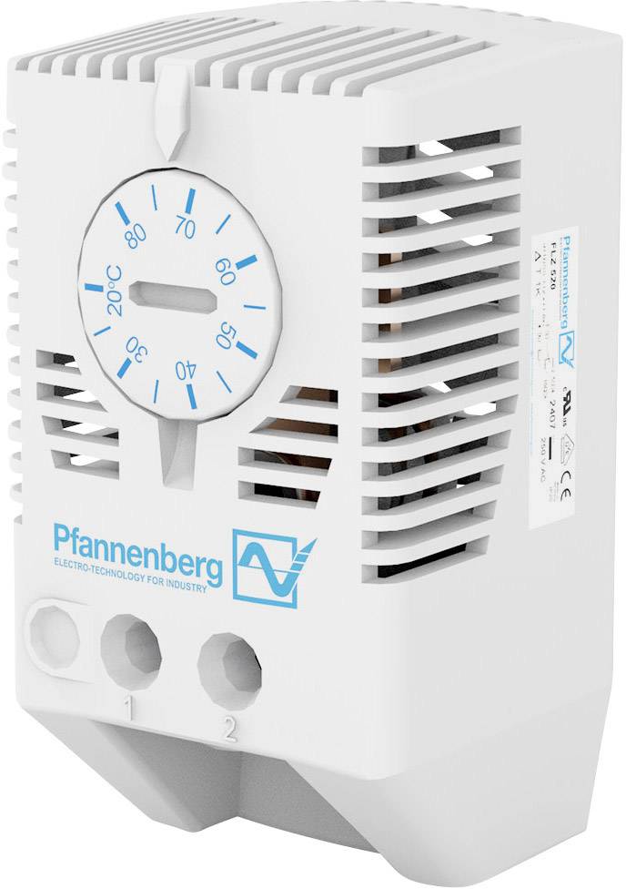 Ein Thermostat im Gehäuse, beschriftet mit 'Pfannenberg', zeigt einen Drehregler für die Temperatur von -20°C bis 80°C.