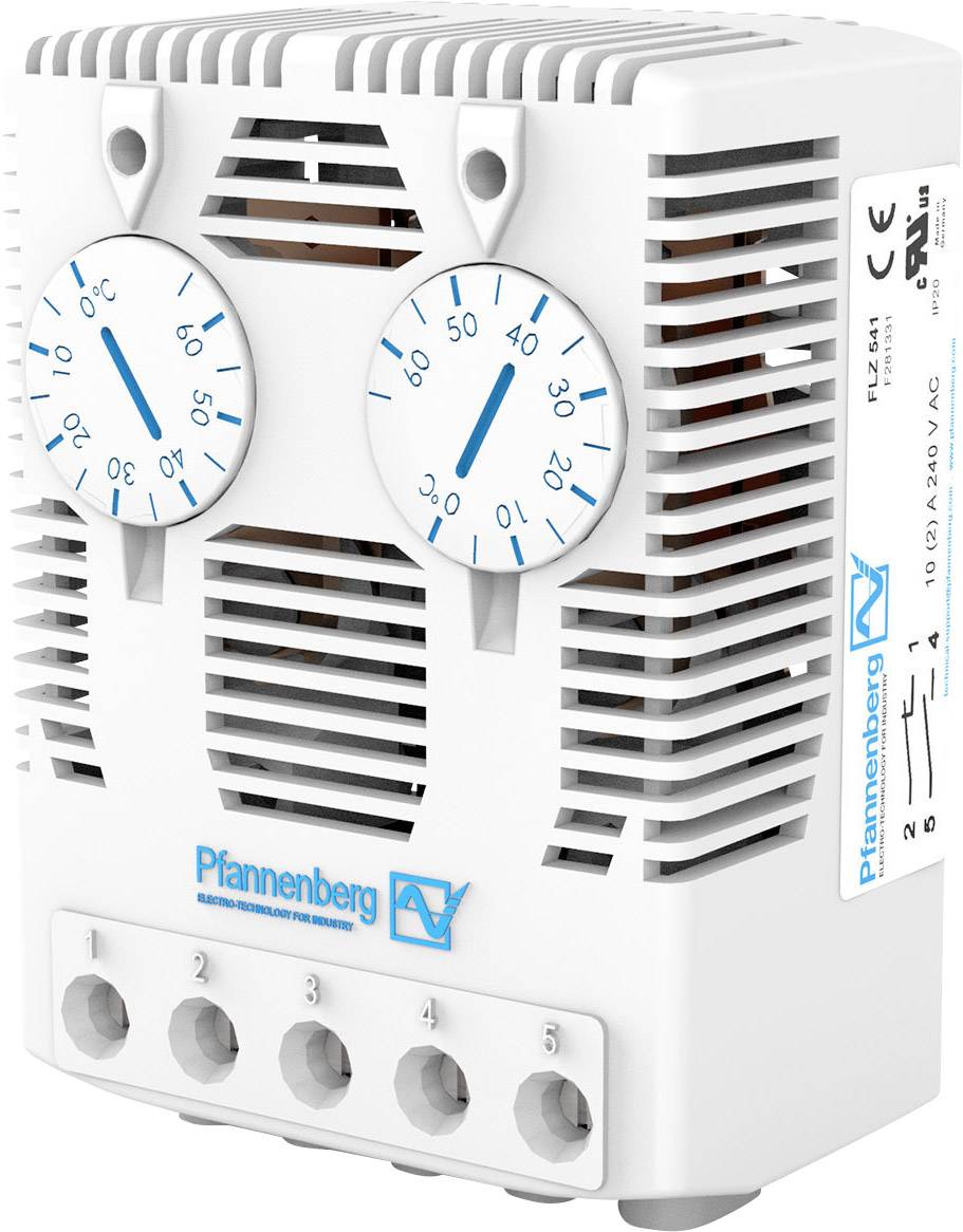 Weißes elektrisches Gerät mit zwei runden Anzeigen für Temperatur und Feuchtigkeit, Lüftungsschlitzen und mehreren Anschlüssen unten.