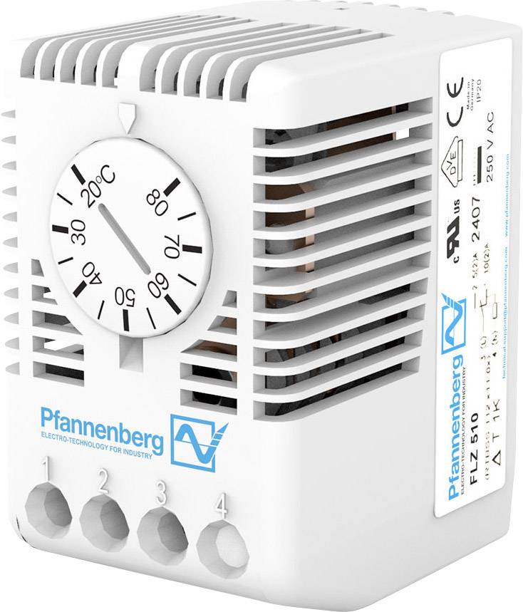 Weißes Thermostatgerät mit Skala von 0°C bis 60°C. Markenname 'Pfannenberg'. Zeigt Einstellknopf und technische Informationen seitlich.