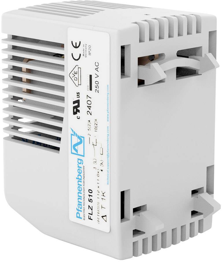 Industriegebläse FLZ 510 von Pfannenberg, 250V AC, zur Kühlung von elektronischen Komponenten. Weiße Kunststoffabdeckung.