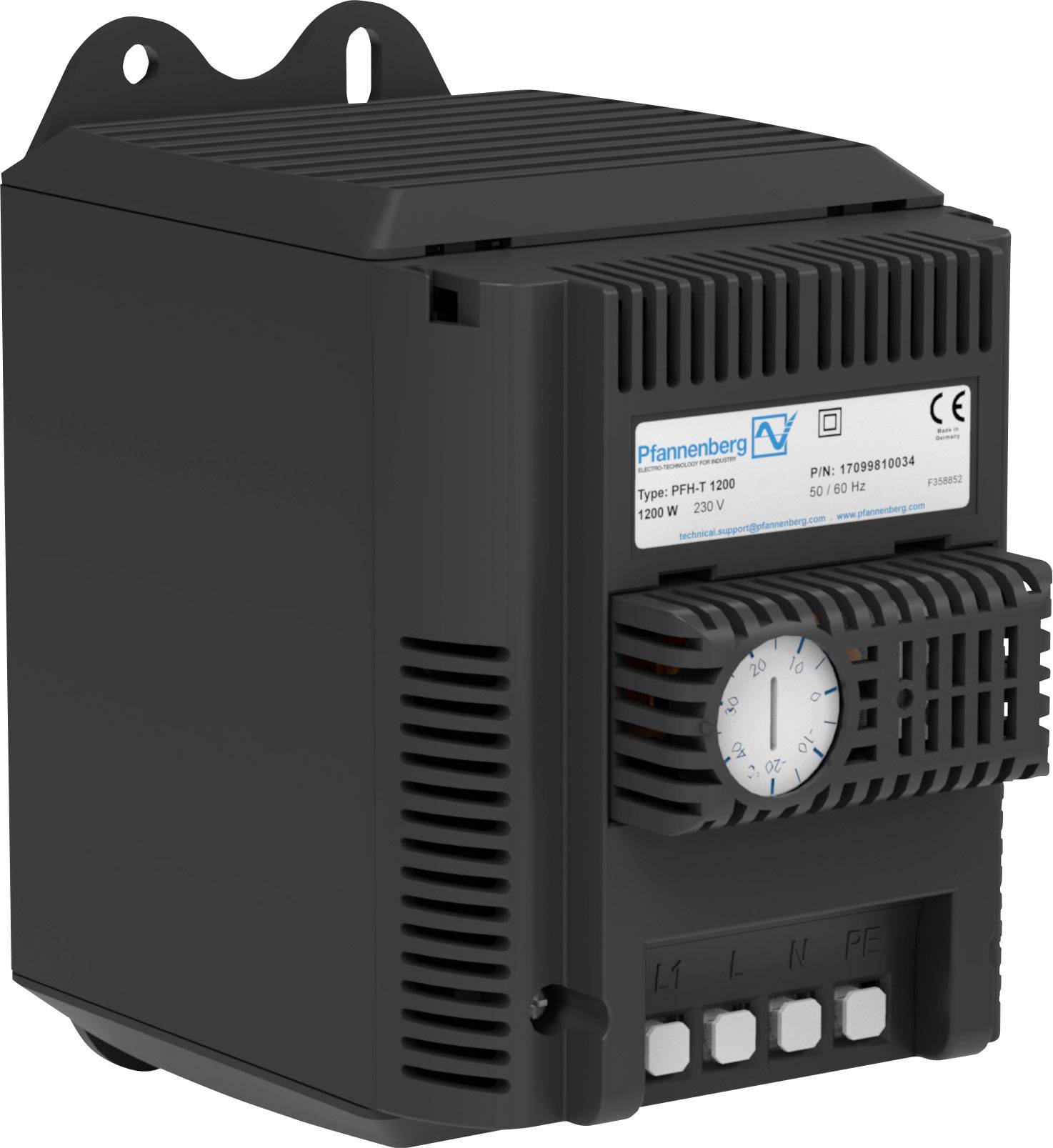 Ein schwarzer elektrischer Temperaturregler mit Firmenlogo und technischen Details auf der Vorderseite. Hauptbedienelement zentral sichtbar.