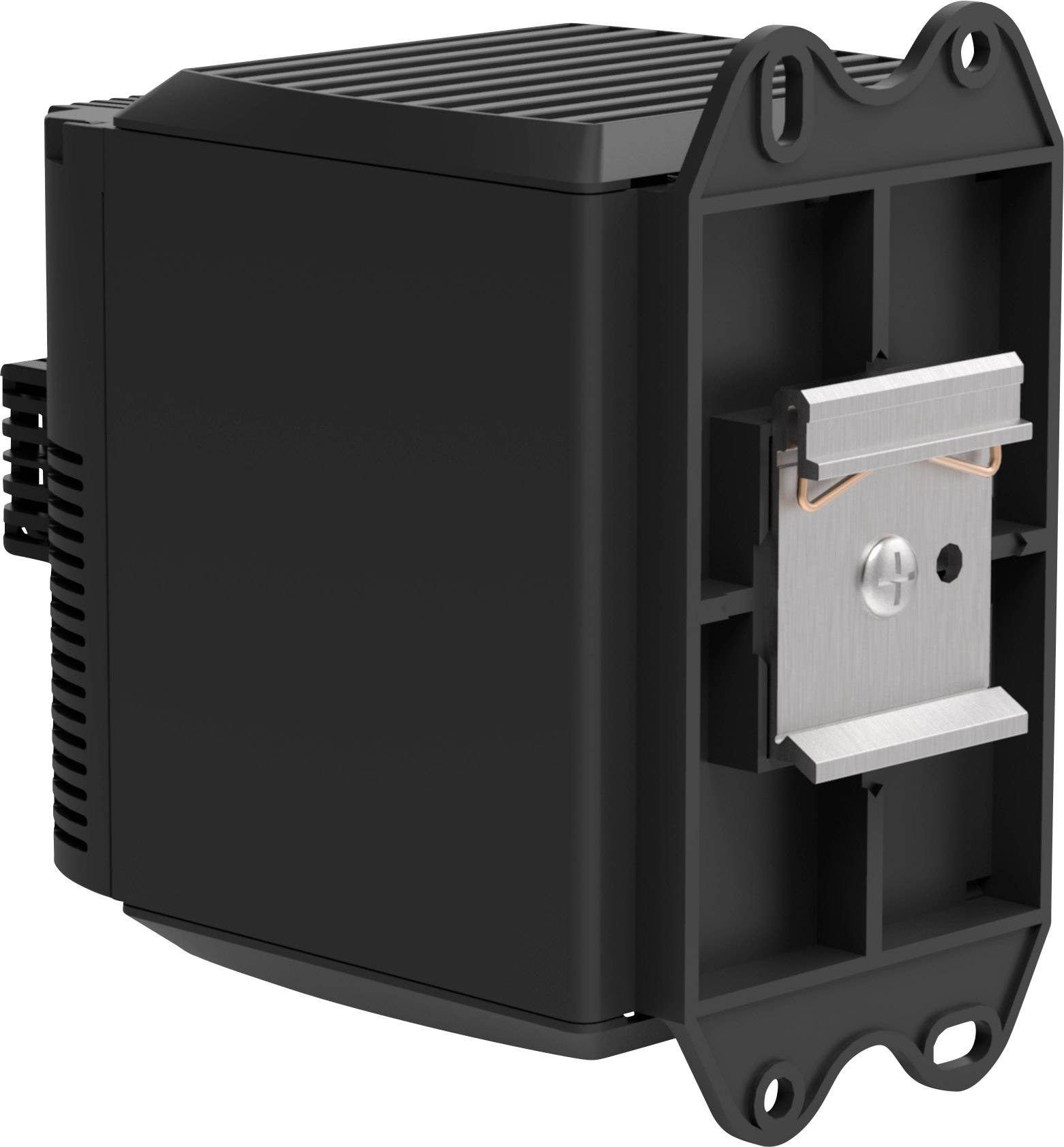 Schwarzes rechteckiges Elektrogerät mit Lüftungsschlitzen rechts und Befestigungsplatte links. Geeignet für Kühl- oder Heizsysteme.