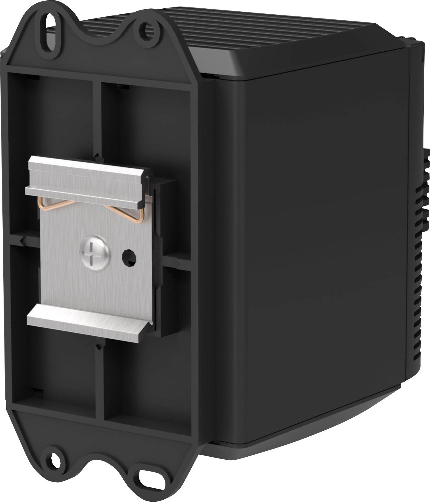 Schwarzes, rechteckiges elektronisches Bauteil mit Kühlrippen und metallischem Kontaktpunkt auf Vorderseite, zur industriellen Anwendung.