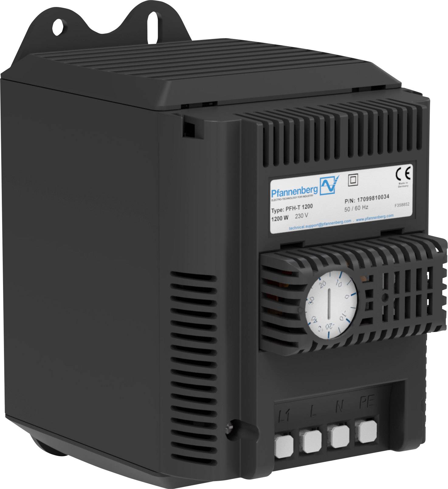 Schwarzes, rechteckiges elektronisches Gerät mit Lüftungsschlitzen, Typenschild mit Aufschrift 'Pfannenberg', und einem Drehknopf.