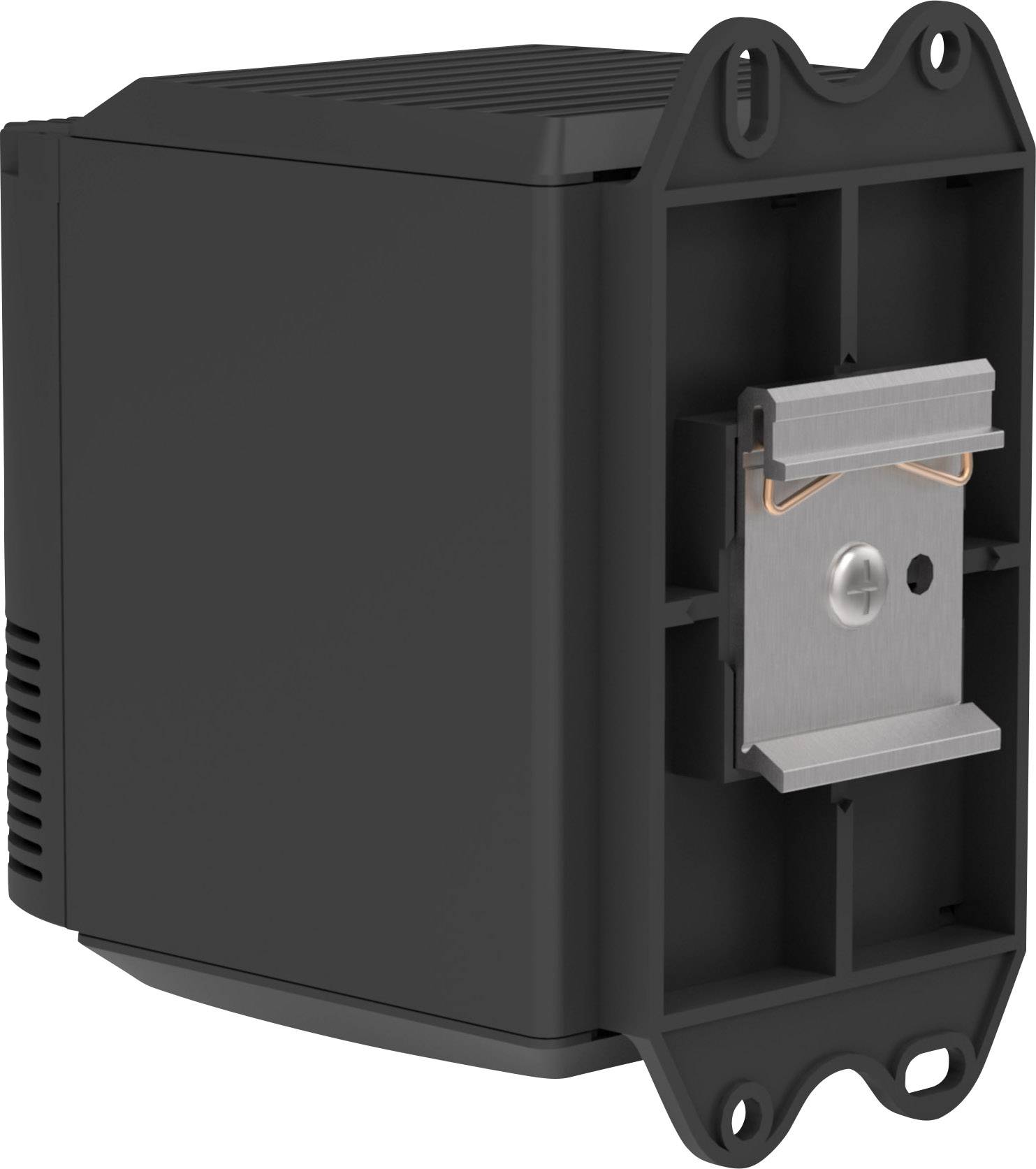 Schwarzer elektronischer Bauteil mit Kühlkörper und Befestigungslöchern, vermutlich ein Kühlgerät oder Transformator.