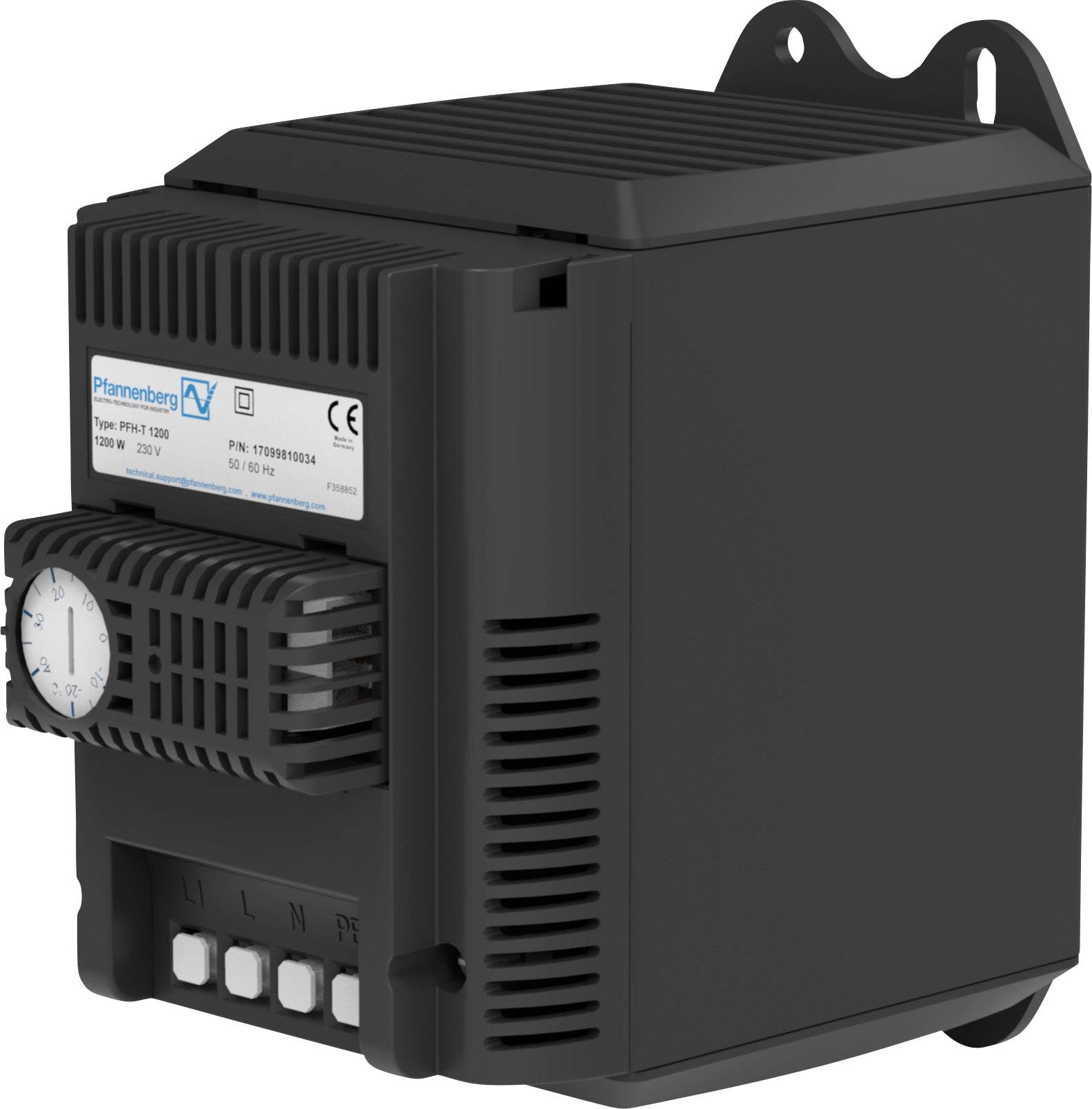 Schwarzes technisches Gerät mit Lüftungsgitter, Druckanzeige und Aufkleber mit Typen- und Leistungsinformationen.