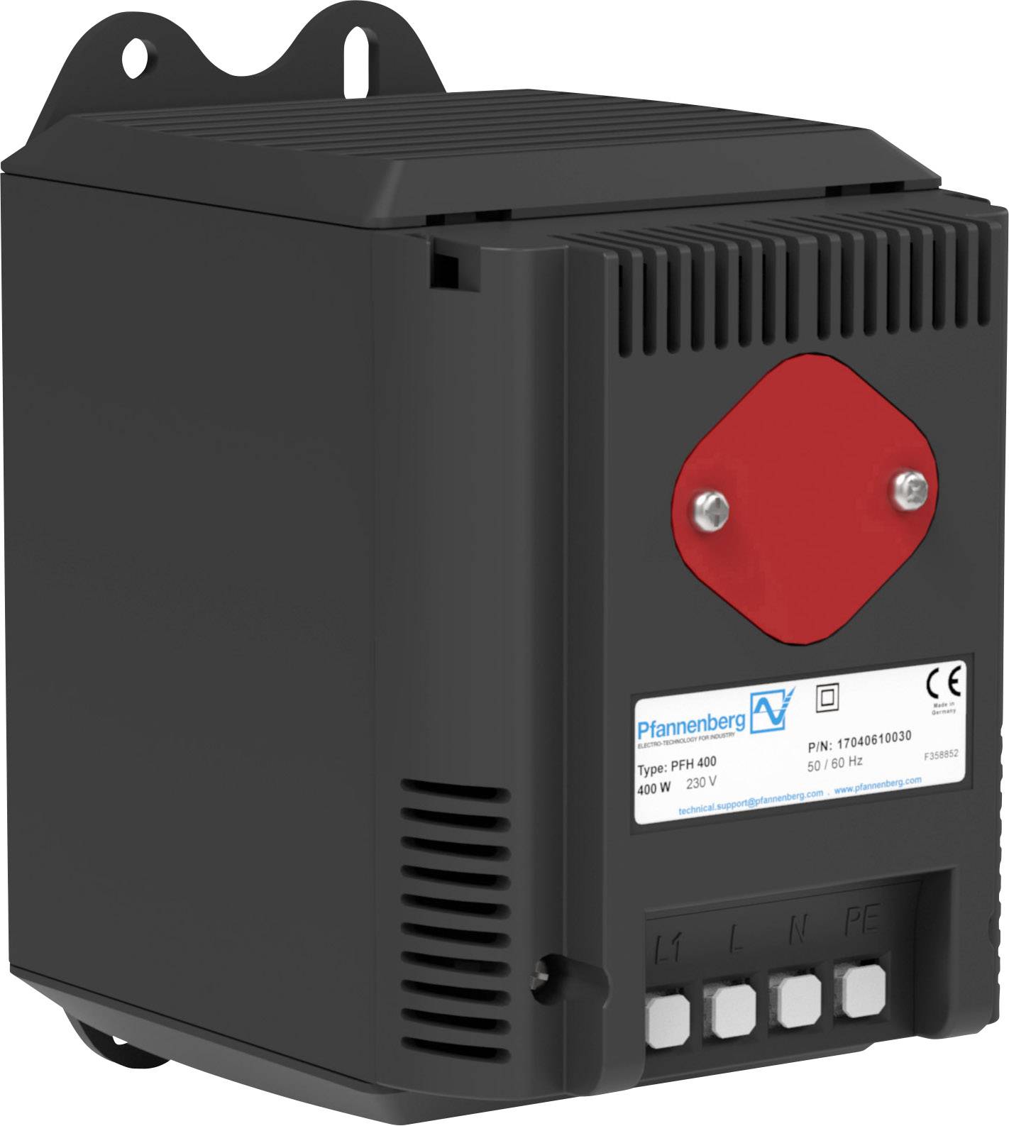 Ein industrielles Heizelement in schwarzem Gehäuse mit rotem Detail, geeignet für 400 W, 230 V, zeigt Herstelleraufkleber mit Spezifikationen.