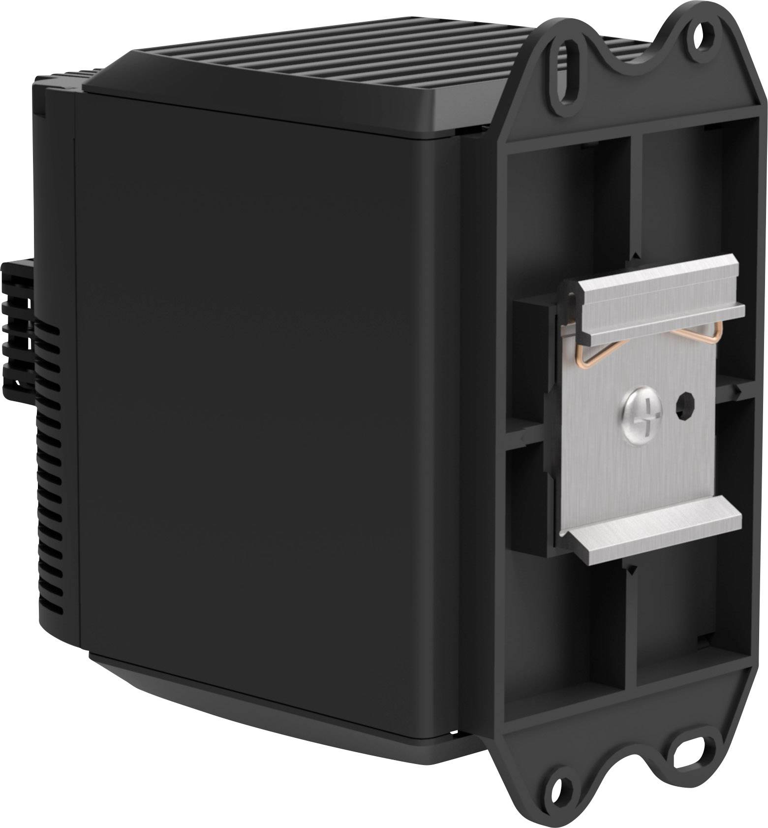 Schwarze elektrische Komponente mit Kühlrippen an der Seite und metallischem Anschluss vorne, möglicherweise ein Relais oder Schalter.