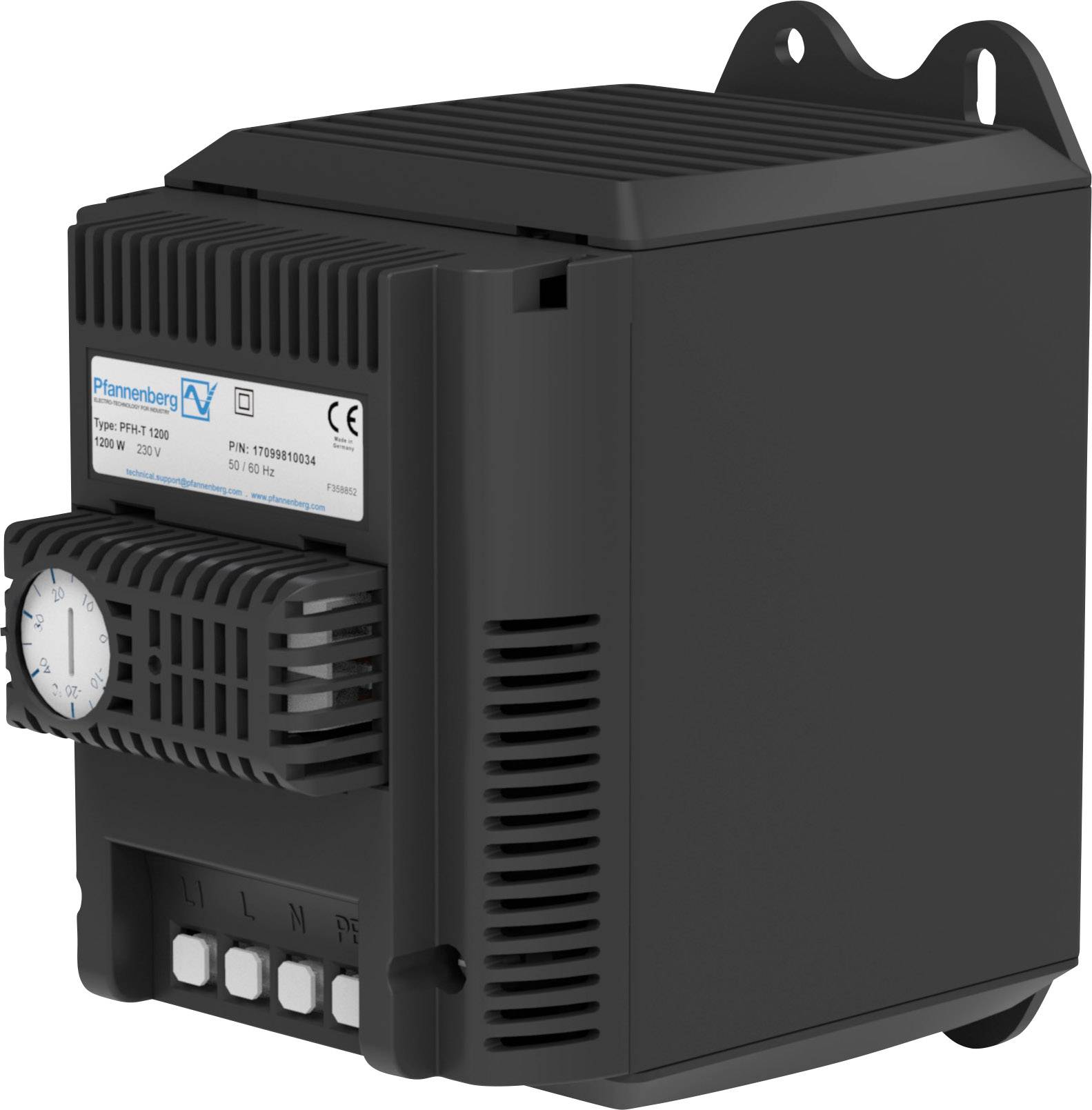 Ein schwarzes elektrisches Heizgerät mit Lüftungsschlitzen und einem eingebauten Drehknopf. Beschriftet mit 'Planenberg' und technischen Spezifikationen.