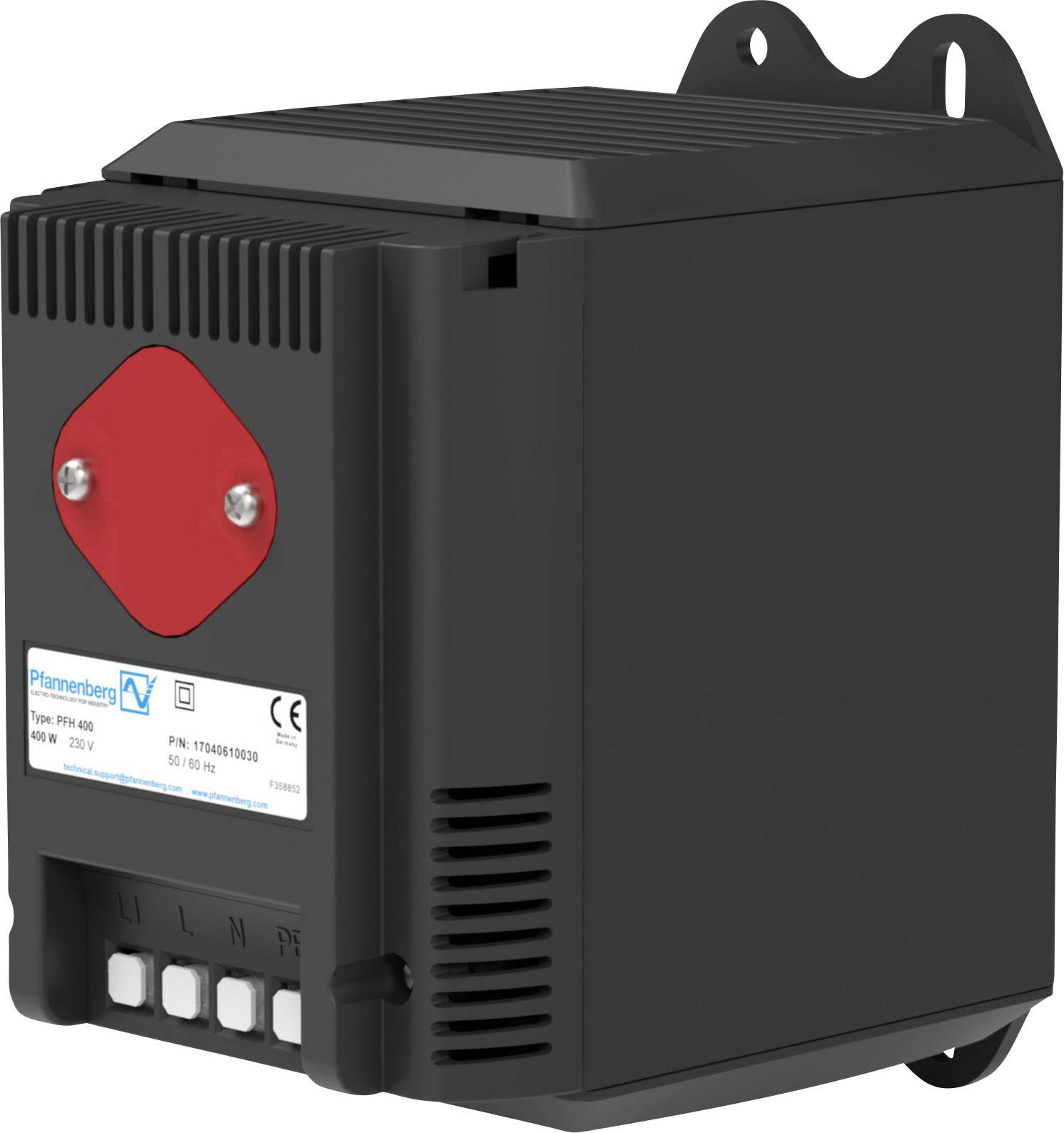 Schwarzes, quadratisches Ventilatorsteuerungsgerät mit rotem Knopf und Firmenetikett; geeignet für 230V, 50Hz Systeme.
