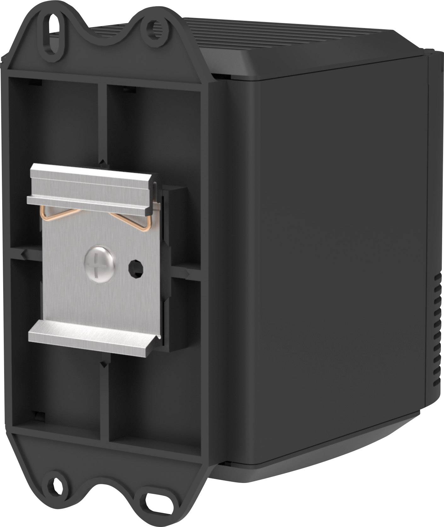 Ein schwarzer Kunststoffblock mit metallischen Details, möglicherweise ein elektrisches Bauteil oder ein Modul, in einer Halterung.