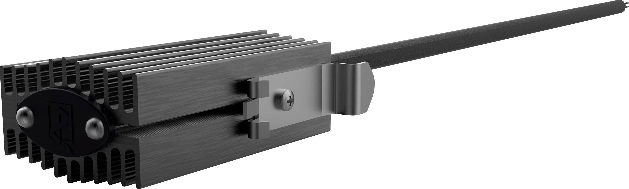 Schwarzes, geripptes Metallgerät mit langem Stab, befestigt an einer Halterung. Könnte für technische oder industrielle Zwecke sein.