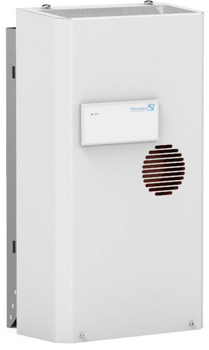 Ein weißes elektrisches Kühlgerät für Schaltschränke mit einem Belüftungsgitter und einem Kontrollpanel an der Vorderseite.