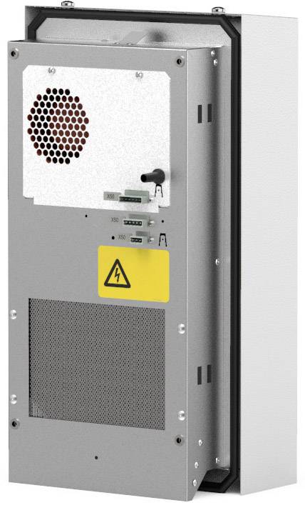 Ein elektrisches Schaltschrank-Modul mit Lüftungsgitter, Anschlussklemmen und Warnschild für Hochspannung.