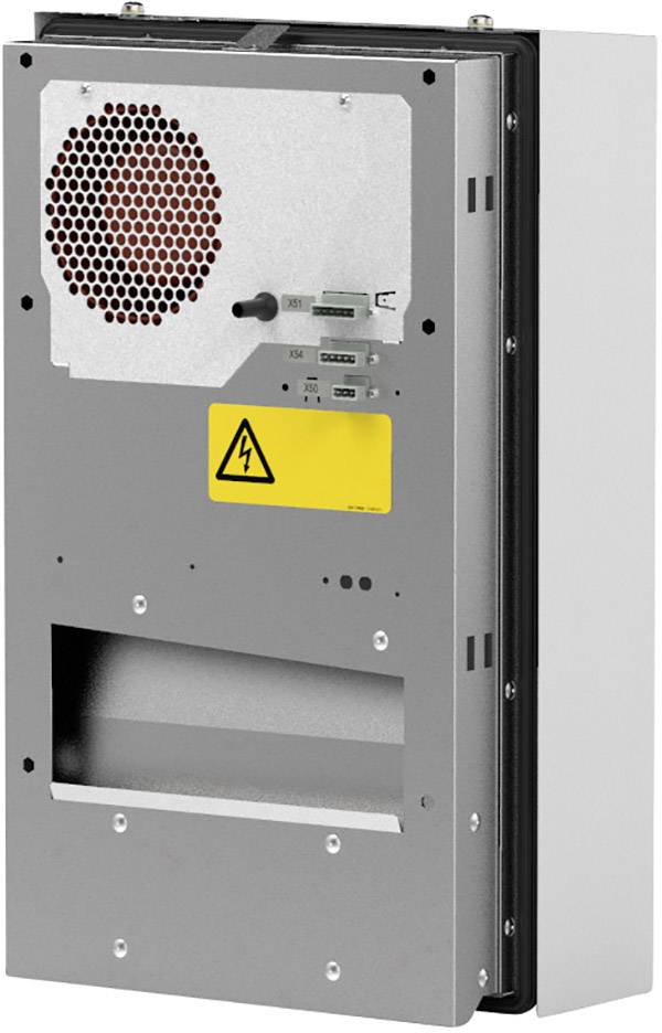 Elektronisches Gerät mit Lüfter, gelbem Warnsymbol für elektrische Spannung und Anschlussmodulen, möglicherweise ein Schaltschrank-Element.