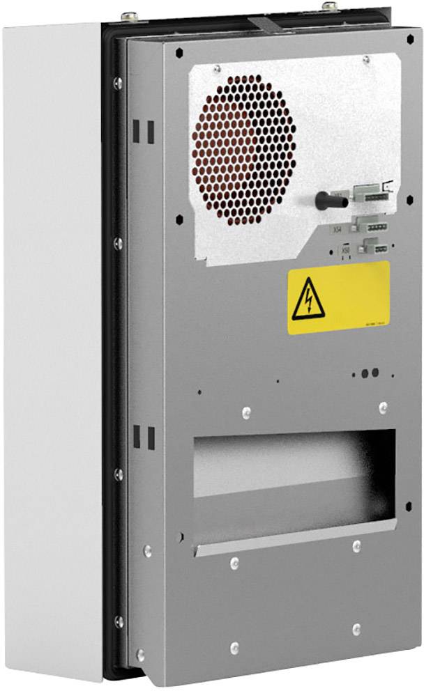 Elektrisches Gerät mit grauem Gehäuse, rotem Belüftungsgitter und gelbem Warnsymbol. Ventilator und Anschlüsse sichtbar.