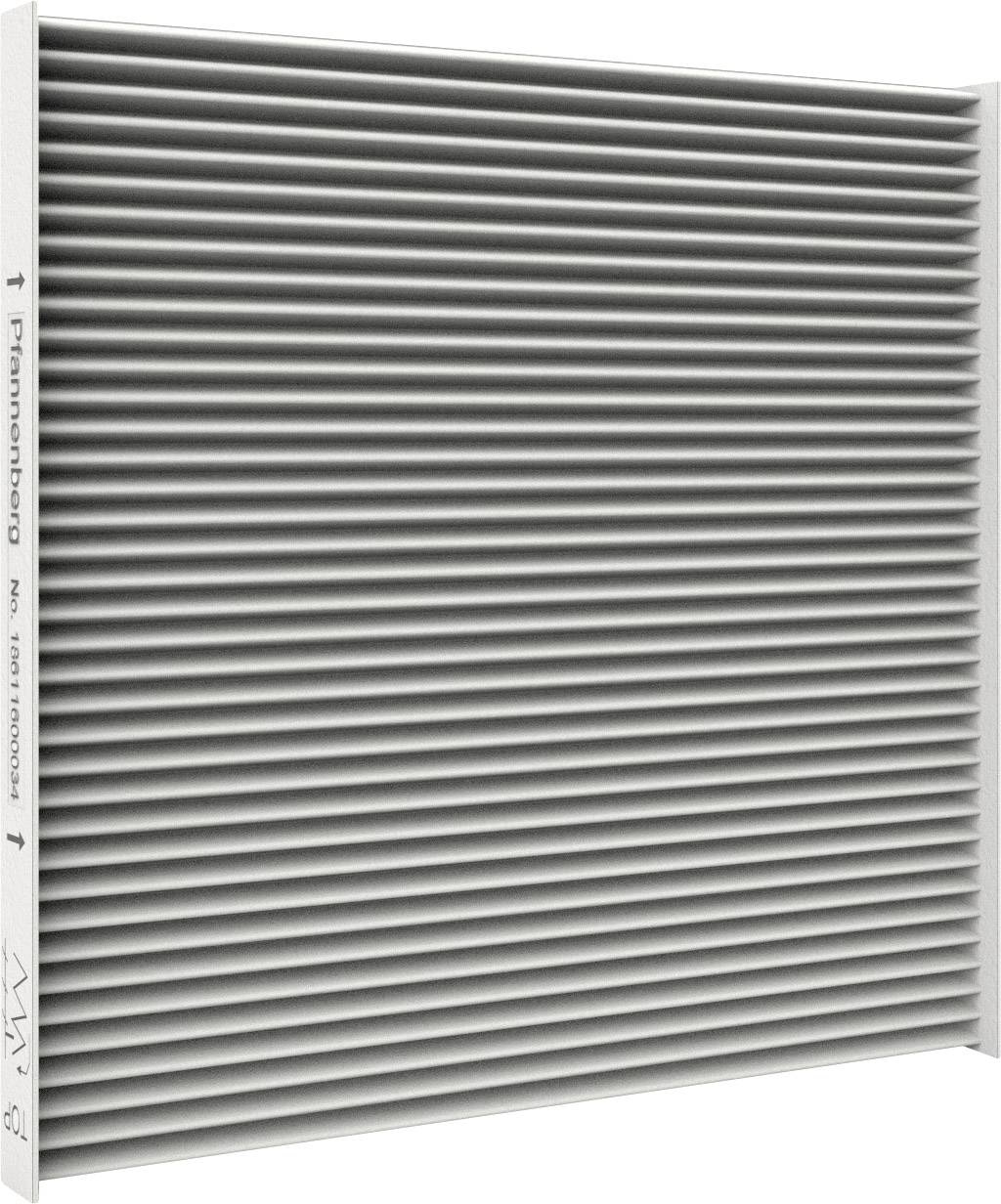 Ein grauer, gerippter Luftfilter in rechteckiger Form. Er dient zum Reinigen der Luft in Lüftungssystemen oder Klimaanlagen.
