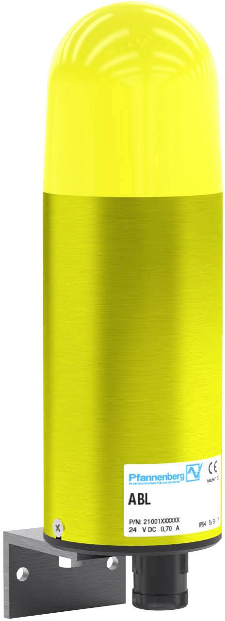 Gelbes Warnlicht mit schwarzem Sockel und CE-Kennzeichnung, montiert auf einer Halterung; dient zur Sicherheitswarnung in industriellen Umgebungen.