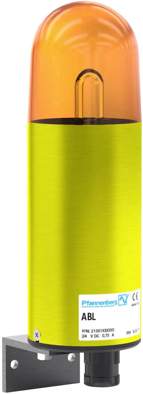 Eine orange Warnleuchte auf einer gelben Halterung mit einem Metallfuß, gekennzeichnet mit 'Pfannenberg ABL', auf weißem Hintergrund.
