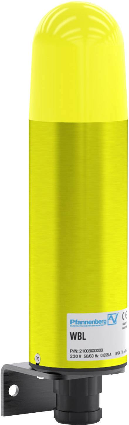 Ein gelbes Warnlichtgerät mit Kunststoffgehäuse. Es ist an einer schwarzen Halterung montiert.