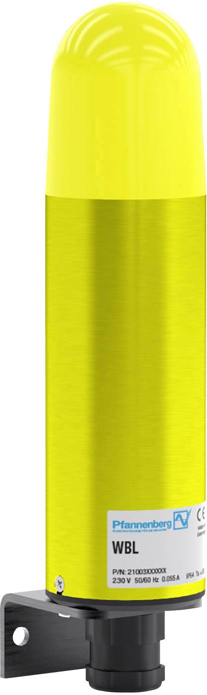 Gelb leuchtender LED-Blitzsignalgeber mit schwarzer Halterung, geeignet für Spannungen von 230V, ideal für Warn- und Signalanwendungen.