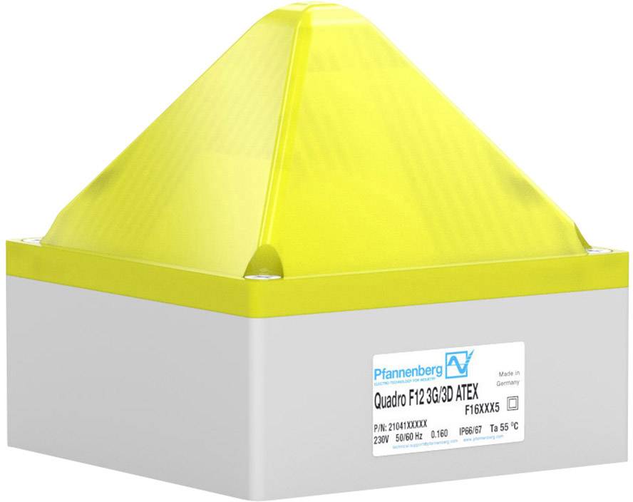 Ein gelbes Warnlicht mit quadratischem Sockel und Etikett, das 'Pfannenberg Quadro F12-3G/D ATEX' zeigt.
