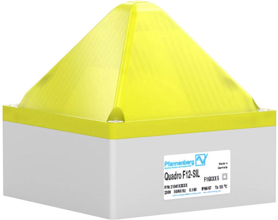 Gelbes, pyramidenförmiges Warnsignalgerät auf grauem Gehäuse. Etikett mit Aufschrift 'Pfannenberg Quadro F12-SIL'.
