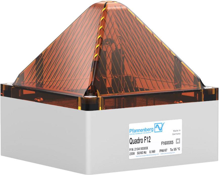 Sirene mit pyramidenförmigem, orangem Gehäuse und Plakette mit Aufschrift 'Quadro F12', Hersteller Plannenberg, für industrielle Anwendungen.
