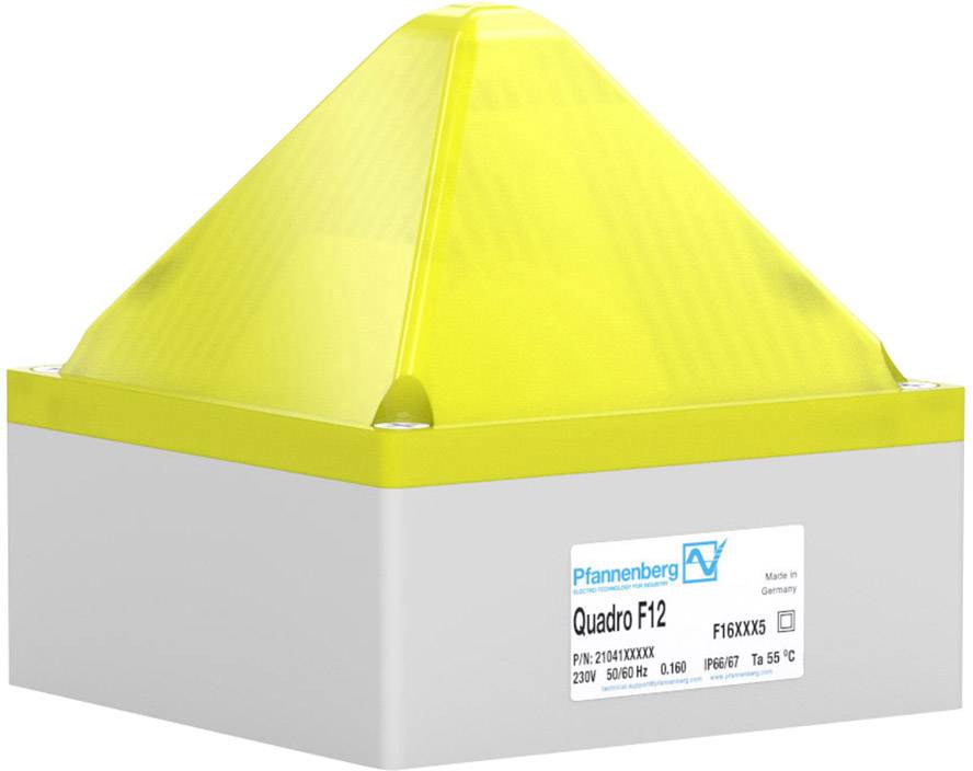 Eine gelbe Quadro F12 Signalleuchte mit Etikett 'Pfannenberg' und technischen Spezifikationen sichtbar auf der Vorderseite.