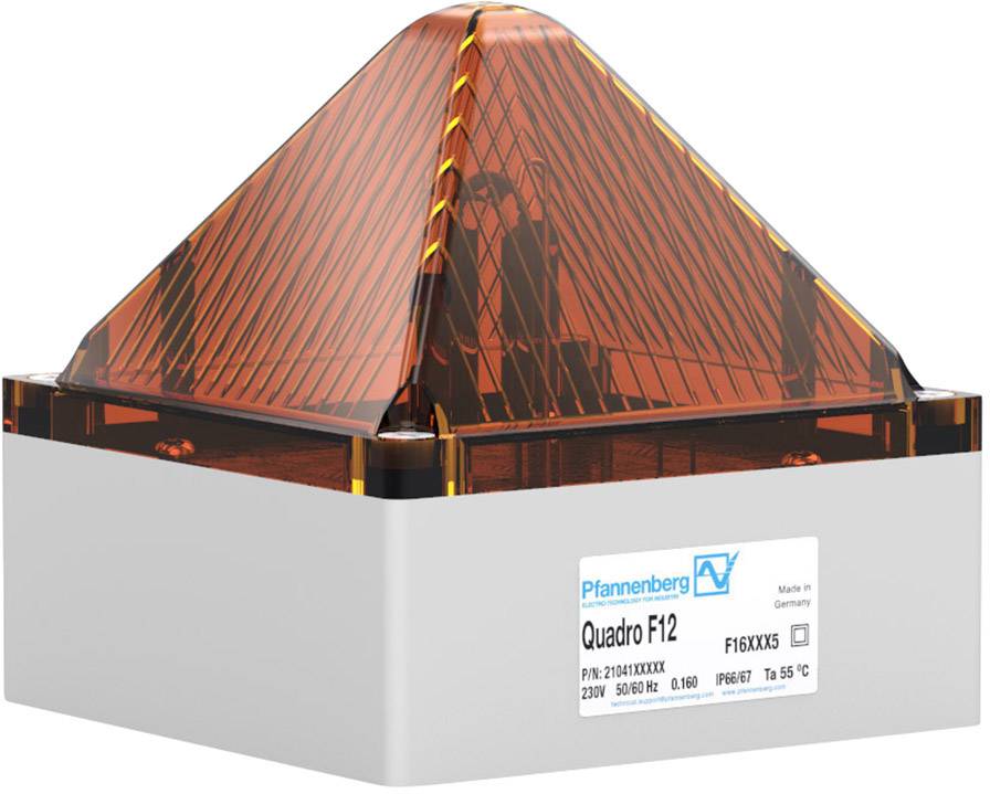 Ein orangefarbenes Gerät mit pyramidenförmigem Design, beschriftet 'Pfannenberg Quadro F12', zeigt industrielle Herkunft 'Made in Germany'.