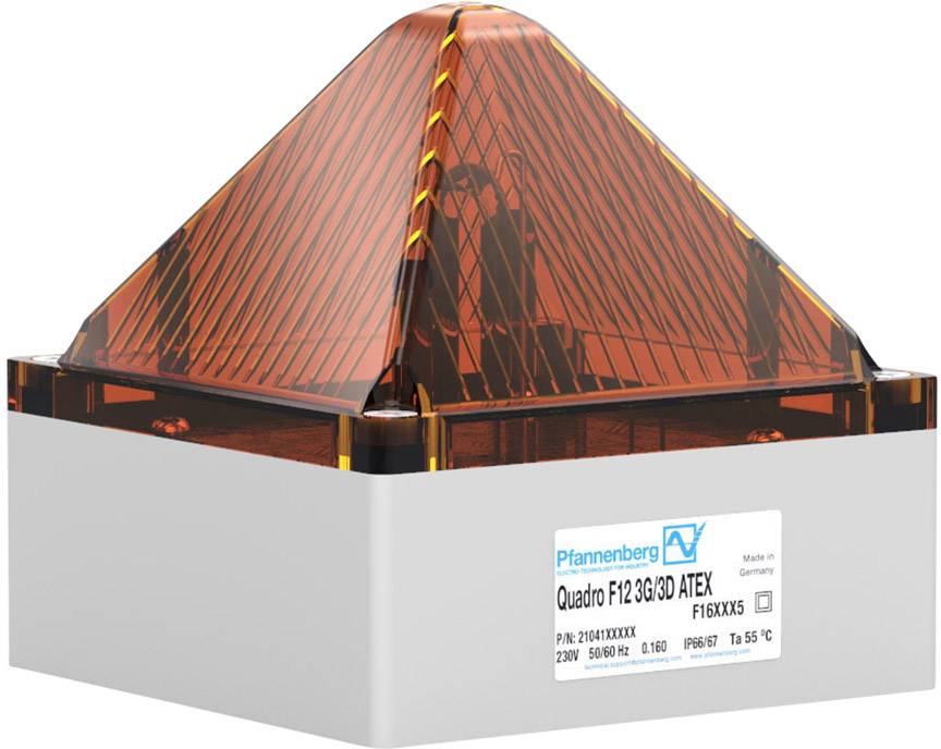 Ein orange-rotes pyramidenförmiges Warnlicht mit weißem Sockel, Etikett zeigt Marke 'Pfannenberg Quadro F12 3G/3D ATEX', 220V.