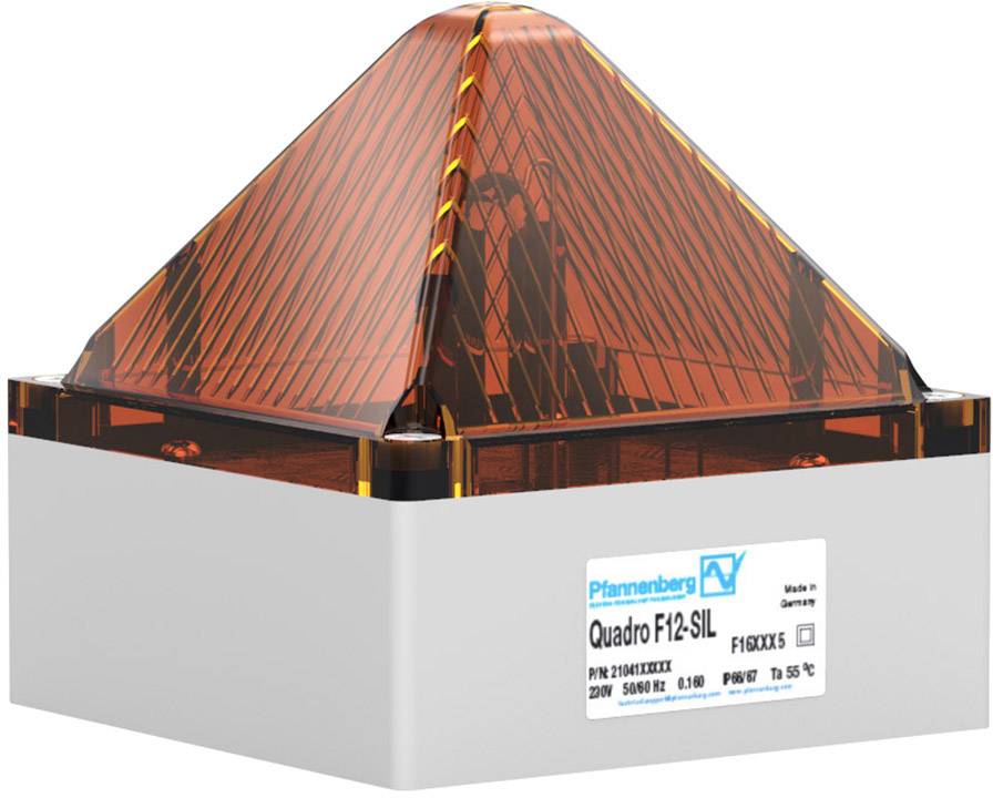 Industriesirene mit orangefarbenem Gehäuse und Etikett 'Quadro F12-SIL', Hersteller-Plakette sichtbar, Grundfarbe grau.