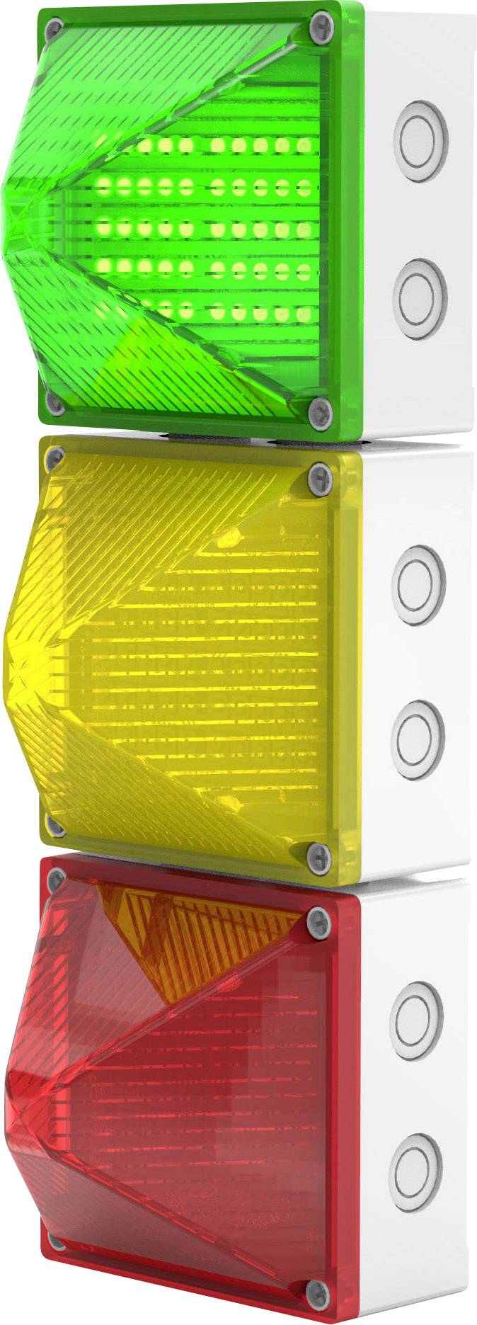 Eine vertikale Anordnung aus leuchtenden Boxen in den Farben Grün, Gelb und Rot, die wie eine Ampel wirkt.